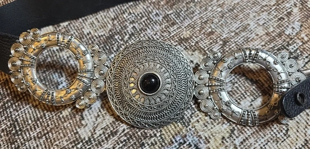 Chicos Triple Medallion Concho Belt Blk Leather Silver M/L Western Boho Festival